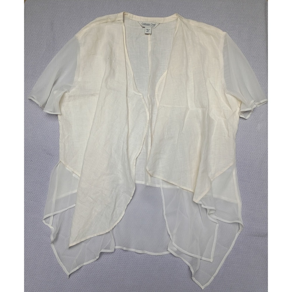 Coldwater Creek Layered Linen Top Open Front Short Sleeve Ivory Size M / L Flowy